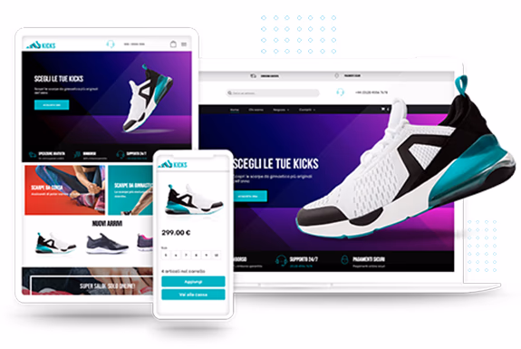 Immagine di un sito web di scarpe sportive presentato in 3 formati diversi. In primo piano è rappresentata una scarpa da ginnastica colorata