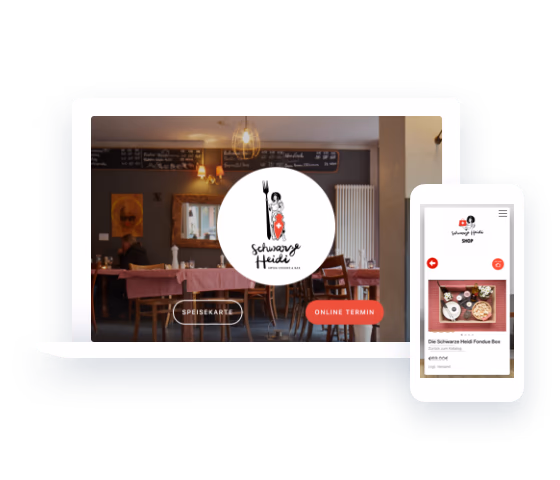 Restaurant-Website mit großem Bild und Navigation auf Desktop, Hamburger-Menü und Reservierungsbutton auf Handy.